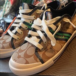 Coach Women’s Brown Signature Canvas Sneakers with Green Stripe